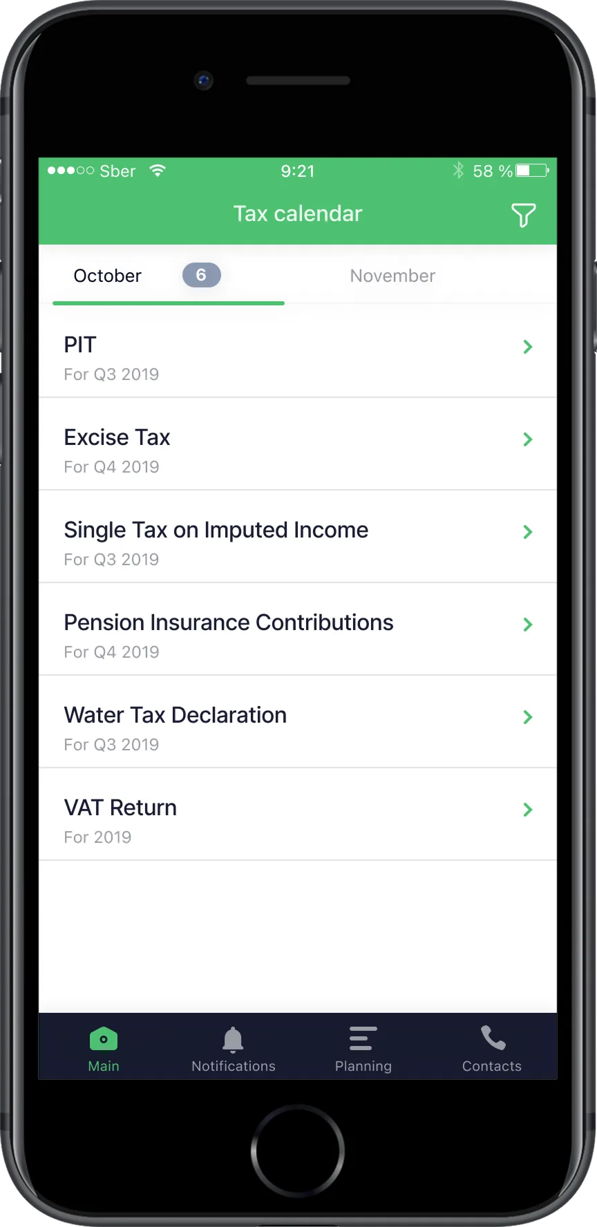 Tax calendar, list view